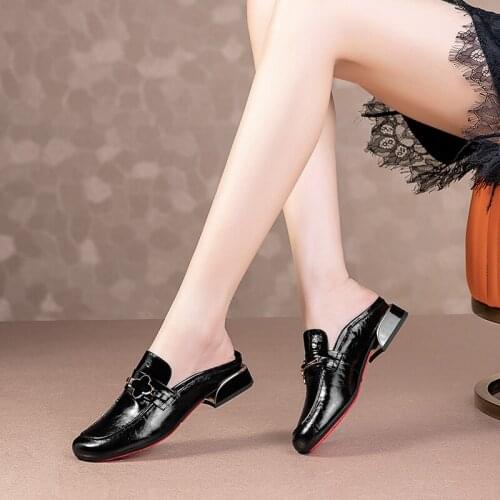 QZYERAI Brand Summer Women Black Slippers Womens Shoes Genuine Leather Cowhide with Low Slippers Mules Shoes