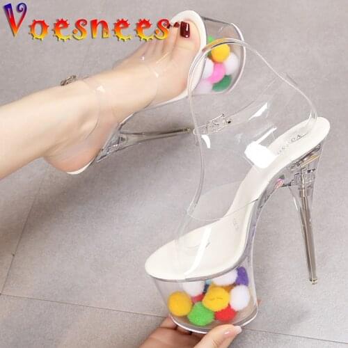 Color Hairball Glow Transparent Women Shoes Summer Pole Dancing Sandals Super High Heels Platform Sexy Walk Show Female Sandals
