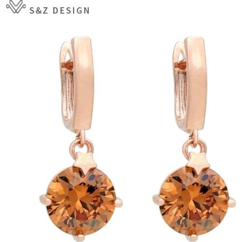 S&Z DESIGN Korean Fashion Round Cubic Zirconia Dangle Earrings 585 Rose Gold Champagne Crystal Drop Earrings For Women Jewelry