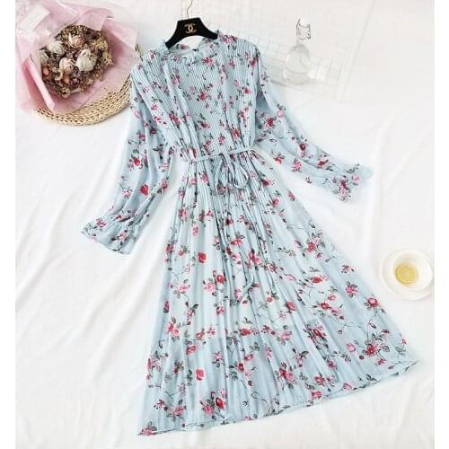 Fairy little French chiffon dress womens spring and autumn base pleated loose retro knee length