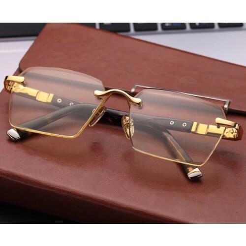 Natural Crystal Stone Rimless Sunglasses Man Woman Yellow Glass Sun Glasses Transparent Lens Vintage Acetate Frame Top Quality
