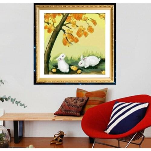 Needlework Diy Diamond Painting Square Drill Full Rhinestone Sticker Cross Stitch Rabbits Under Lucky Tree 30x30cm Home Decor