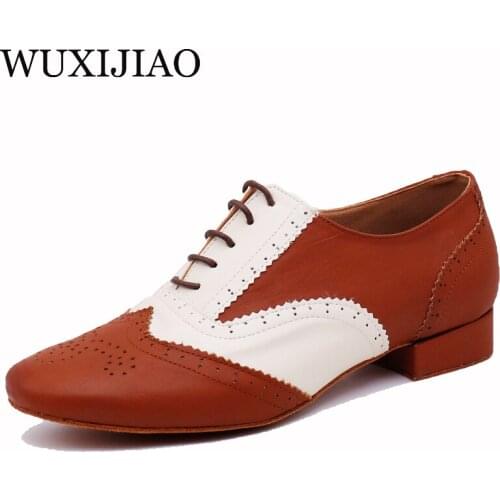 WUXIJIAO Latin dance shoes mens leather ballroom dance shoes mens soft bottom national wind shoes low with 2.5cm