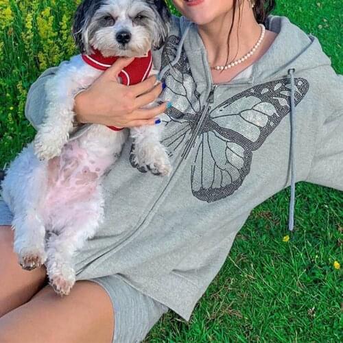 Womens Butterfly Graphic Rhinestone Zipper Hoodie Long Sleeve Oversized Y2K Fashion Casual Top Hooded Sweatshirt Women Spring