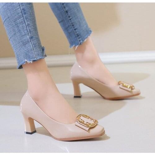 Woman Metal Decoration Shallow Pumps Patent Leather Chunky High Heels Womens Shoes Square Toe Fashion Female Dress Office Shoes