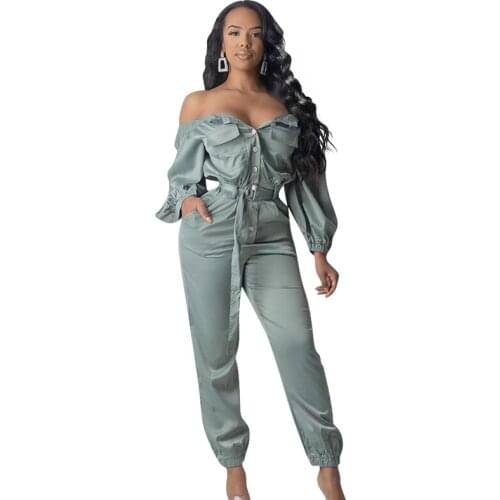 Buttoned Off Shoulder Long Sleeve Jumpsuit Pockets Women Overalls with Belt Sexy Romper 2019 Autumn Winter Women Outfits
