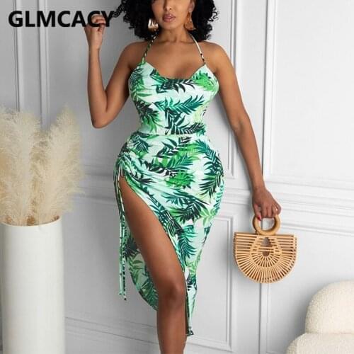 Women Summer Halter Tropical Leaf Printed Bodycon Midi Dress