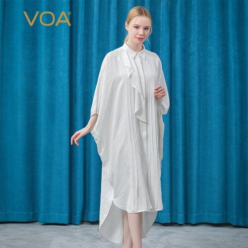 VOA Silk Jacquard POLO Collar Bat Sleeve Asymmetric Three-dimensional Decorative Ribbon Fashion Trench Coat Women Dress FE129