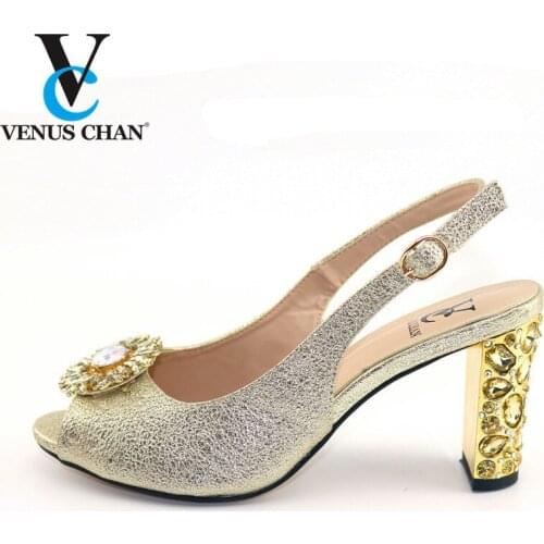 Golden Italian Wedding Shoes Fashion Elegant Nigerian Women Pointed Toe Sandals with Stone High Heels Summer Women