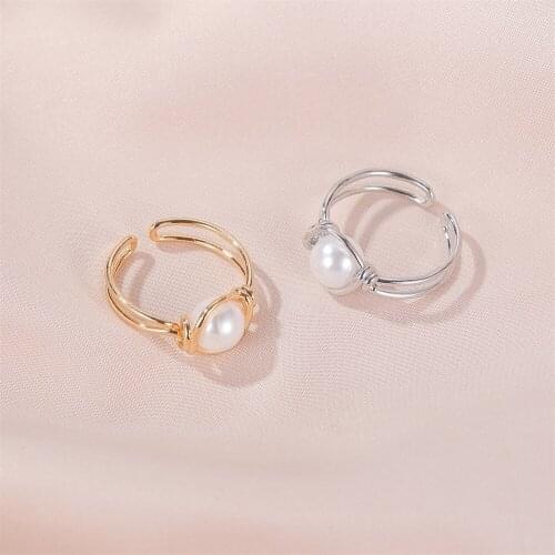 White Simulated Pearl Knot Simple Silver Plated Golden Copper Index Finger Open Rings for Women