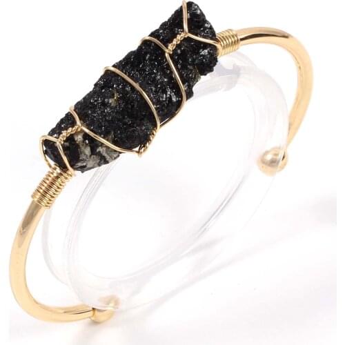 KFT Light Yellow Gold Color Wire Wrap Natural Irregular Shape Black Tourmaline Healing Reiki Open Type Stone Bangle Jewelry