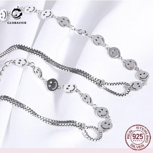 Korea Dongdaemun fashion S925 sterling silver necklace Female personality smiley pendant Silver bracelet Clavicle chain 338