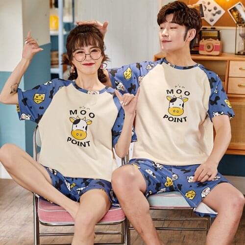 Summer Cotton Couple Sleepwear Funny Cartoon Cows Print Cute Womens Pajamas Set Plus Size Soft Casual Short Sleeve Men Homewear