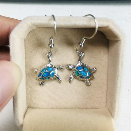 Cute Small Sea Turtle Drop Earrings Blue Opal Stone Dangle Earrings Vintage Silver Color Animal Earrings For Women Charm Jewelry