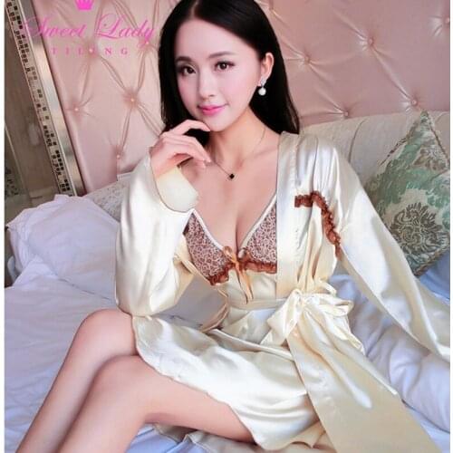 Fashion Lady V-Neck Strap Dress and Bathrobe Two Piece Set Women Robe Sets Leopard Pajamas Nightgown Silk Sleepwear Sexy Pajamas