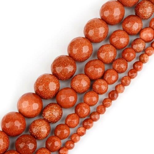 Natural Gem Stone Bead Gold Sand Stone 4 6 8 10 mm Round Loose Beads Ball Fit Diy for Charms Jewelry Making