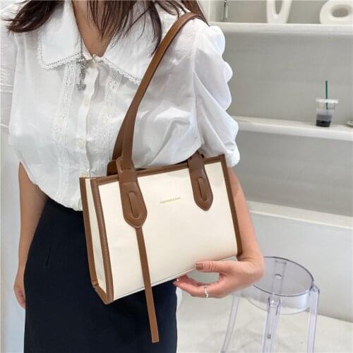Pure color contrast single shoulder bag large capacity bag woman bag 2021 new simple retro summer commuter tote bag handbag