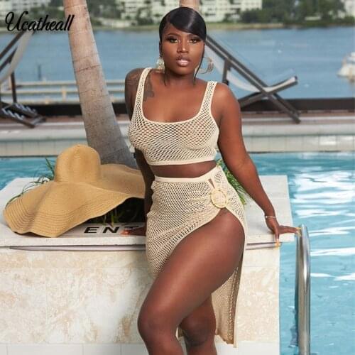 Mesh Fishnet Dress Women Bandage New Summer Sleeveless Split 2 Piece Dress Beach Grid Openwork Dresses Vestido