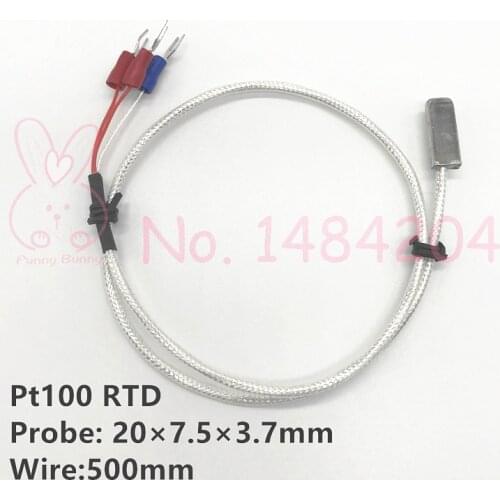 Pt100 RTD Temperature Sensor 20mm*7.5mm*3.7mm Flat Probe for Surface 500mm 3-Core PTFE Coated Shielded Wire Plate Type