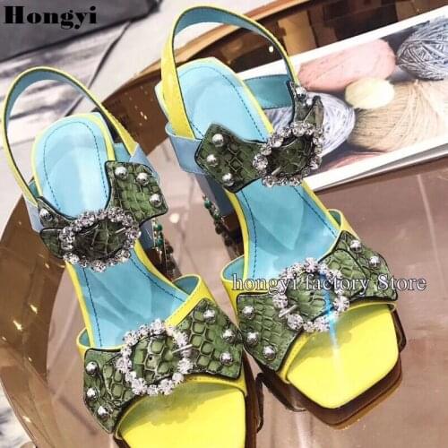 Luxury Jewel Snakeskin Pattern Bling Bling Crystal Block Heeled Ankle Wrap Straps Women Sandals With Rivet