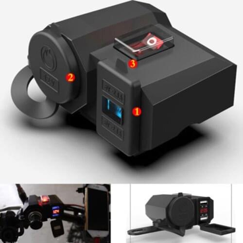 Motorcycle Cigarette Lighter Socket Outlet Dual USB Charger LED Voltmeter Switch