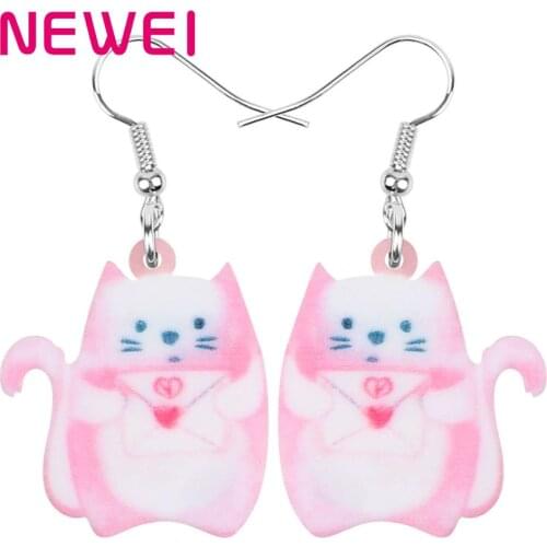 NEWEI Acrylic Valentines Day Anime Lucky Cat Earrings Animal Drop Dangle Jewelry For Women Girls Lover Kid Charm Gift Accessory