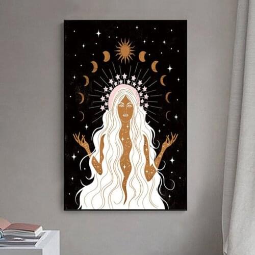 Nordic Summer Solstice Art Drawing Posters and Prints Celestial Stars Moon Magical Sun Wall Pictures for Living Room Home Decor