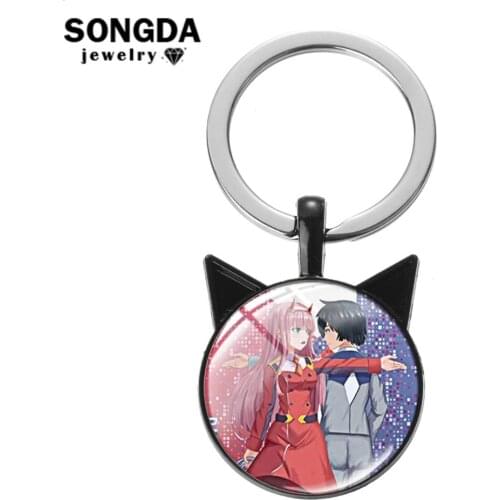 SONGDA DARLING in the FRANXX 02 HIRO ZERO TWO Keychain Japanese Anime Key Chain Lovely Cat Ears Pendant Key Ring Otaku Trinkets