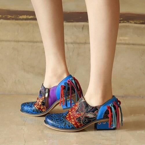 Women Pumps Bohemian Lace Genuine Leather Splicing Floral Low Heel Slip On 4CM Square High heels Women Shoes Tassel Round Toe