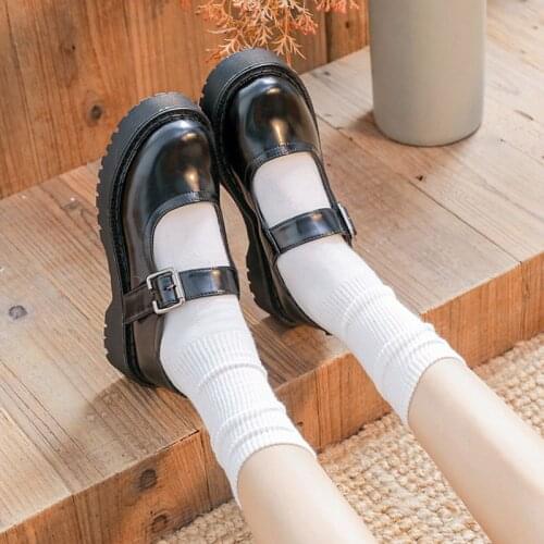 Autumn Lolita Shoes Flat on Platform Shoes Women Mary Janes Shoes Black Leather Shoes Buckle Low Heels Girls Shoes Spring