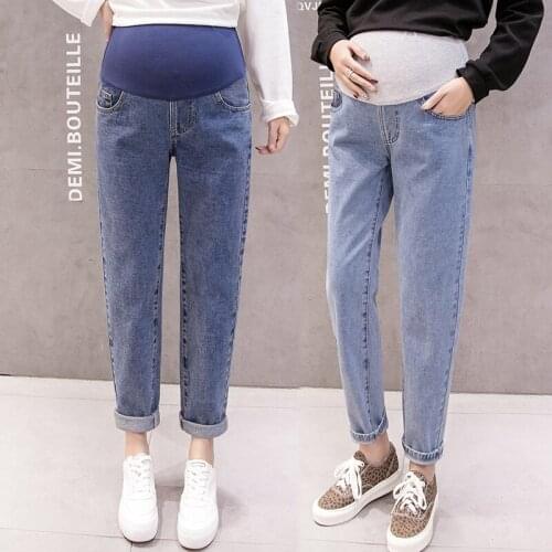 Vintgae Washed Denim Maternity Jeans Elastic Waist Belly Loose Pants Clothes for Pregnant Women 9/10 Length Harem Pregnancy