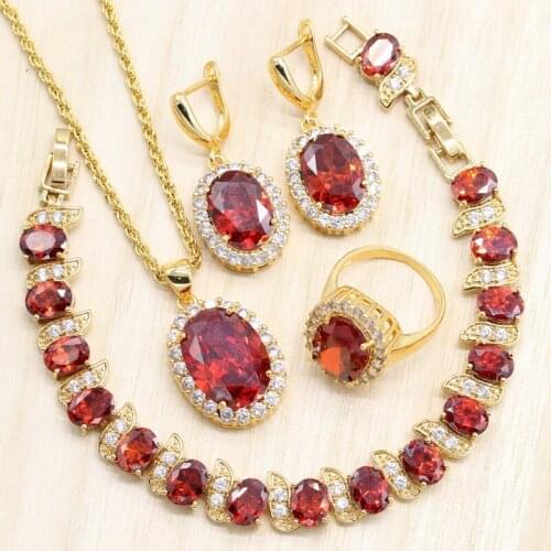 Gold Color Jewelry Sets Blue Red Cubic Zirconia Bracelet Cocktail Party Earrings Pendant Chain Necklace Wedding Ring for Women