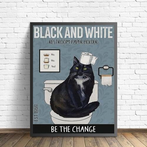 Funny Cat Poster Black White Bathroom Toilet Wall Pictures for Living Room Decoration Modern Minimalist Canvas Painting Decor