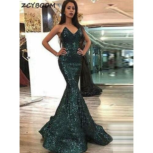 Green Mermaid Sequined Evening Dresses 2021 New Women Formal Party Vestidos De Gala Elegant Long Robes De Soirée Sexy Prom Gowns