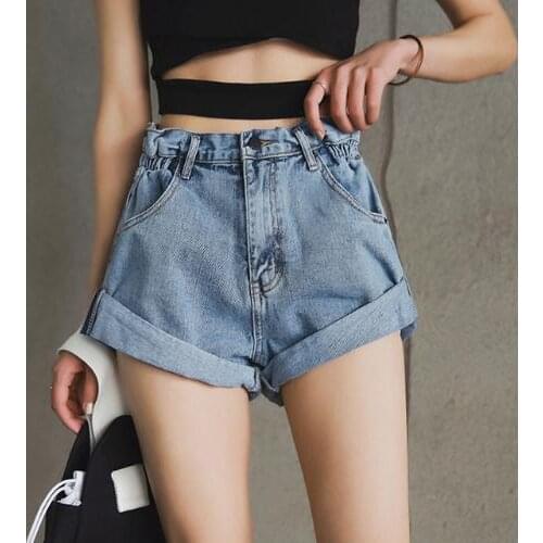 Summer Vintage Denim Shorts Women 2019 New Casual High Waist Elastic Cuffed Jeans Pocket Blue White Five Colors Trousers Female