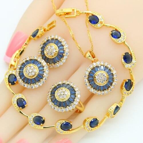 2021 New Blue Stones Gold Plated Jewelry Sets For Women Stud Earrings Necklace Pendant Ring Bracelet Gift Box