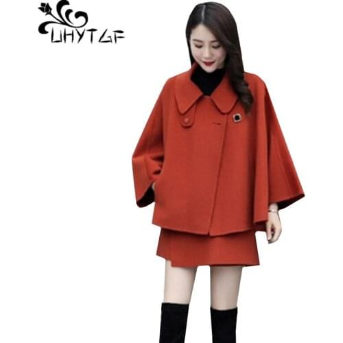 UHYTGF female set quality Woolen suit skirt two-piece fashion wool Cloak cape tops+Short skirt set women autumn 2 piece set 1262