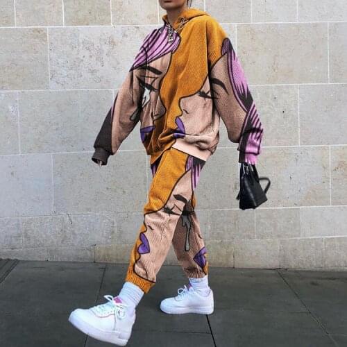 Women Tracksuit 2 Piece Set Autumn Hip Hop Fun Face Graffiti Print Sweatshirts Hoodies Tops Baggy Pants Sweatpants Suit Sets