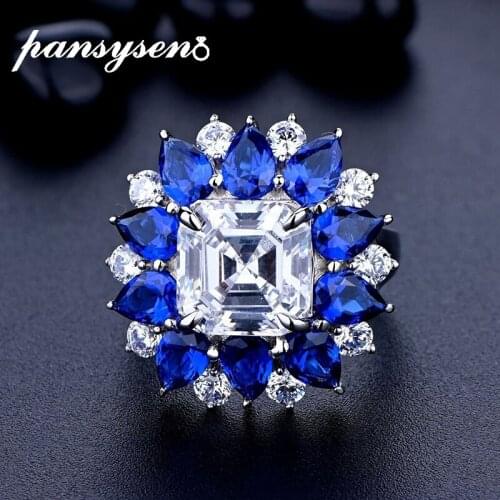 PANSYSEN Vintage Flower Shape 925 Sterling Silver 10MM Asscher Cut Created Moissanite Diamond Sapphire Gemstone Rings for Women