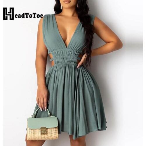 Sexy Plunge Open Back Cutout Ruched Dress Women Sleeveless Backless Slim Short Dress