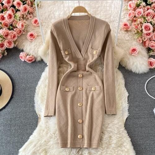 Button V Neck Bodycon Pink Knitted Thick Winter 2021 Woman Solid Casual Warm Sweater Dress Women Autumn Dresses Korean Clothes