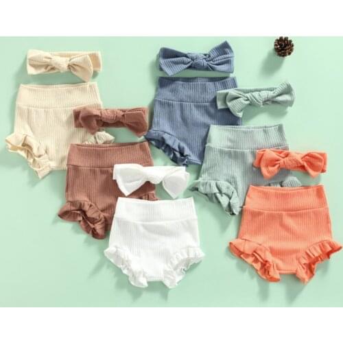2Pcs Baby Girls Shorts Outfit Toddlers Summer Sweet Style Solid Color High Waist Elastic Lace Shorts Bow Headwear Set