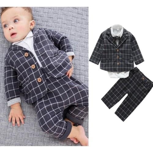 2018 Children 3pcs/sets Baby Boys Suits Kids Boys Formal plaid Suit Boys Tie Clothes longsleeved bodysuits Skirts + suit +Pants