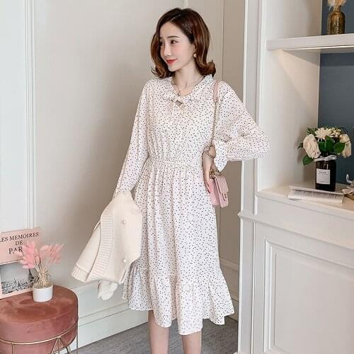 9085# Maternity Clothes Spring Autumn Chiffon Bow Collar Long Sleeve Loose Stylish Dress for Pregnant Women Mom Dress