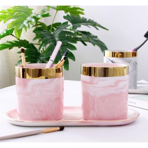 Glod Marble Makeup Brush Storage Holder Stand Dresser Cosmetic Desck Organizer Pen Pencil Ruler Holder Ceramic Tumbler Cup