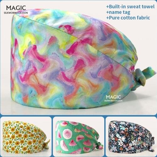 Printing Nursing Scrubs Caps Cotton Hospital Doctor Work Caps Beauty Salon Pet Grooming Nutritionist Work Hats Dust-proof Caps