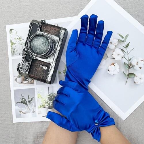 Korean Thin Short Satin Wedding Dress Gloves Women Summer Full Finger Elastic UV Pearl LaceCycling Driving Sunscreen Mittens M40