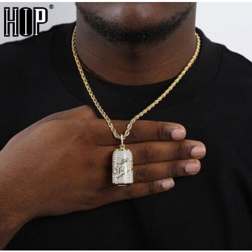 Hip Hop Bling Full Iced Out Cubic Zircon Sprite Bottle Copper Gold Color Pendant & Necklace For Men Women Jewelry