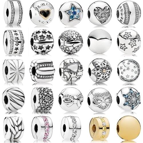 NEW 100% 925 Sterling Silver Signature Safety Clip Original Charm Gold Bead Clear Fit Bracelet DIY bangle Jewelry Birthday Gift