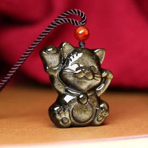 Genuine Natural Gold Obsidian Flash Light Wealthy Cat Carved Pendant Necklace 31x22x7mm Natural Stone Drop Shipping AAAAA